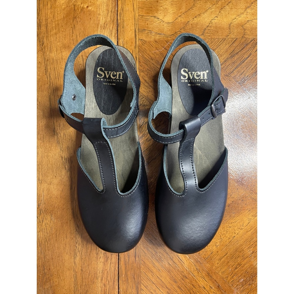 Sven T Strap Clogs Navy Blue Smooth Leather Wood Platform Womens 9